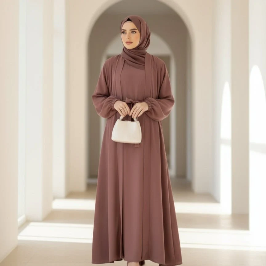 Premium Nida Zoom Open Abaya 3-Piece Set (MOA239) - Image 2