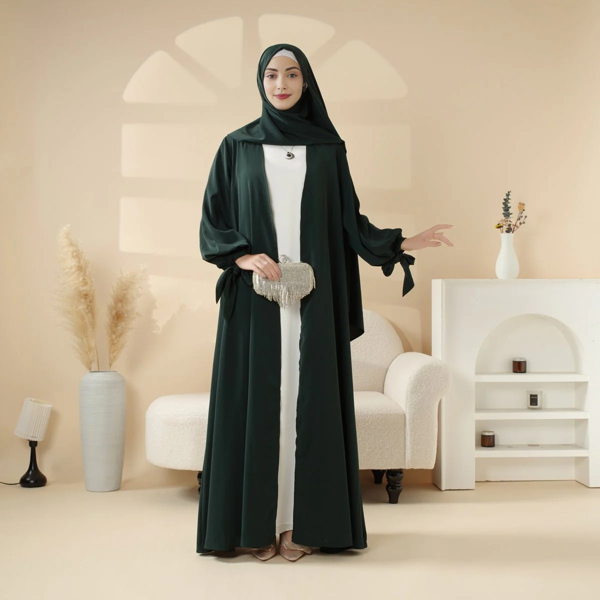 Premium Ribbon Sleeve Abaya: An Elegant Four-piece Abaya Set (MOA105) - Image 4