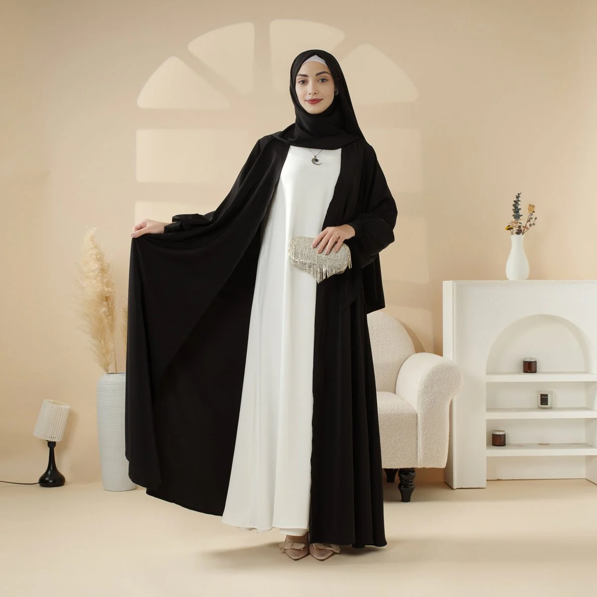 Premium Ribbon Sleeve Abaya: An Elegant Four-piece Abaya Set (MOA105) - Image 5
