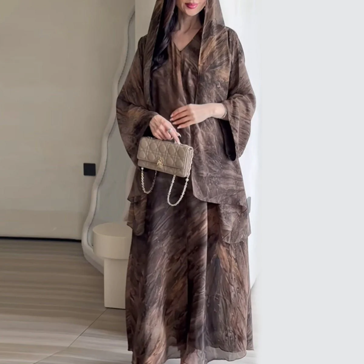 Printed Cardigan Abaya Collection | Modest Luxury Loungewear Feather-Print Robes (MOA194) - Image 16