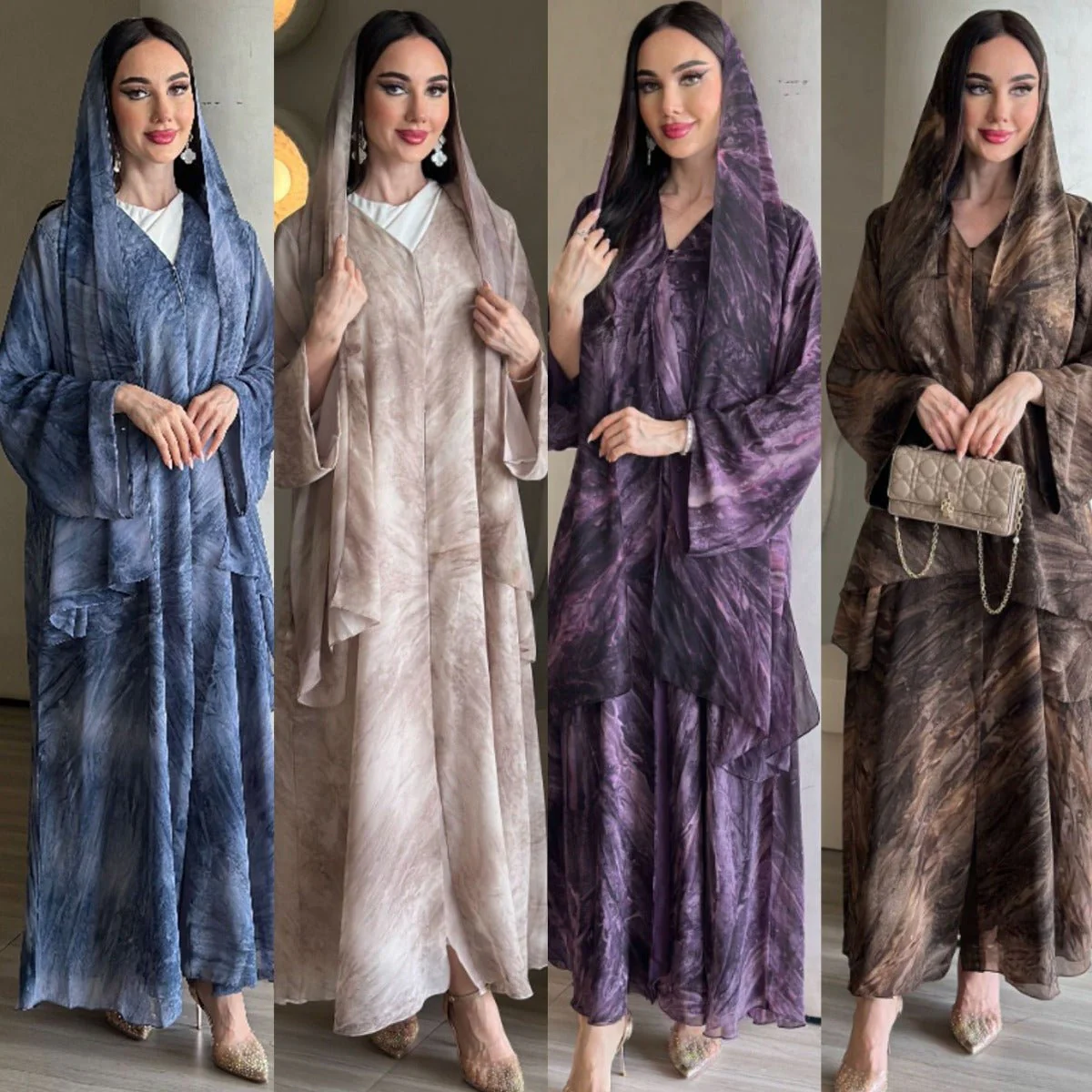 Printed Cardigan Abaya Collection | Modest Luxury Loungewear Feather-Print Robes (MOA194) - Image 2