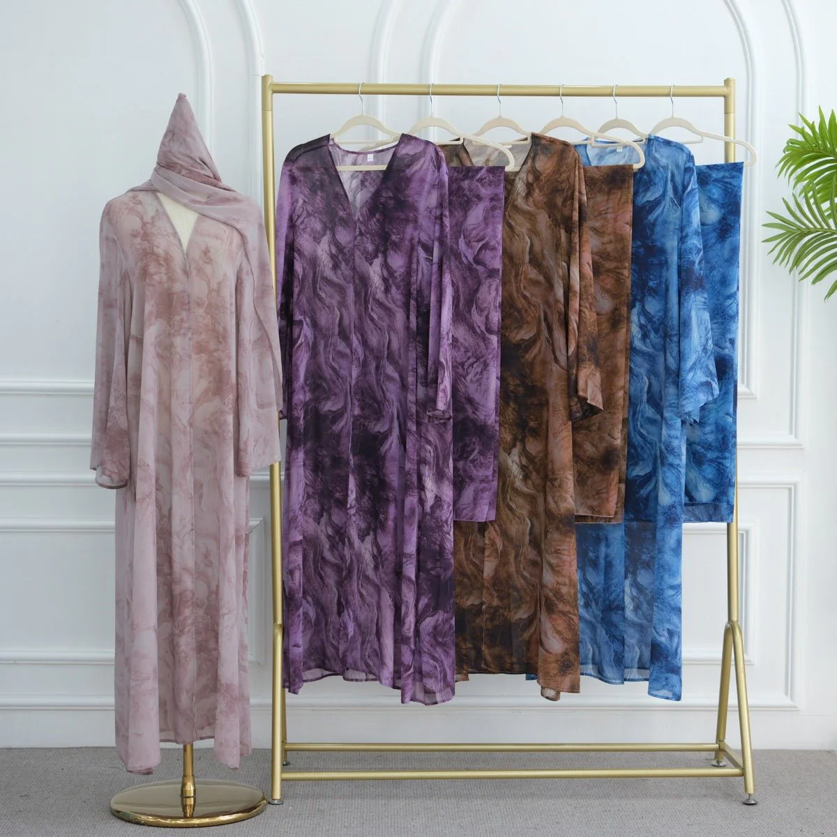 Printed Cardigan Abaya Collection | Modest Luxury Loungewear Feather-Print Robes (MOA194) - Image 3