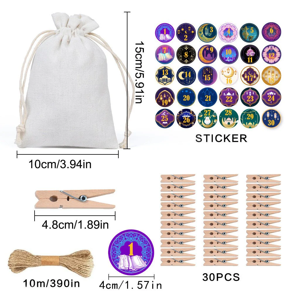Ramadan 1–30 Countdown Calendar Gift Bag Set Drawstring Hanging Pouches (MAC385) - Image 4