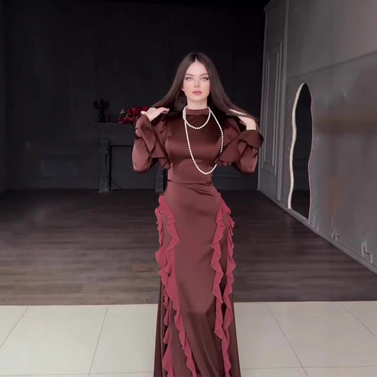 Regal Satin Court Dress Semi-Turtleneck Chiffon Lace-Up Maxi with Bell Sleeves & Tiered Ruffles (MA235) - Image 2