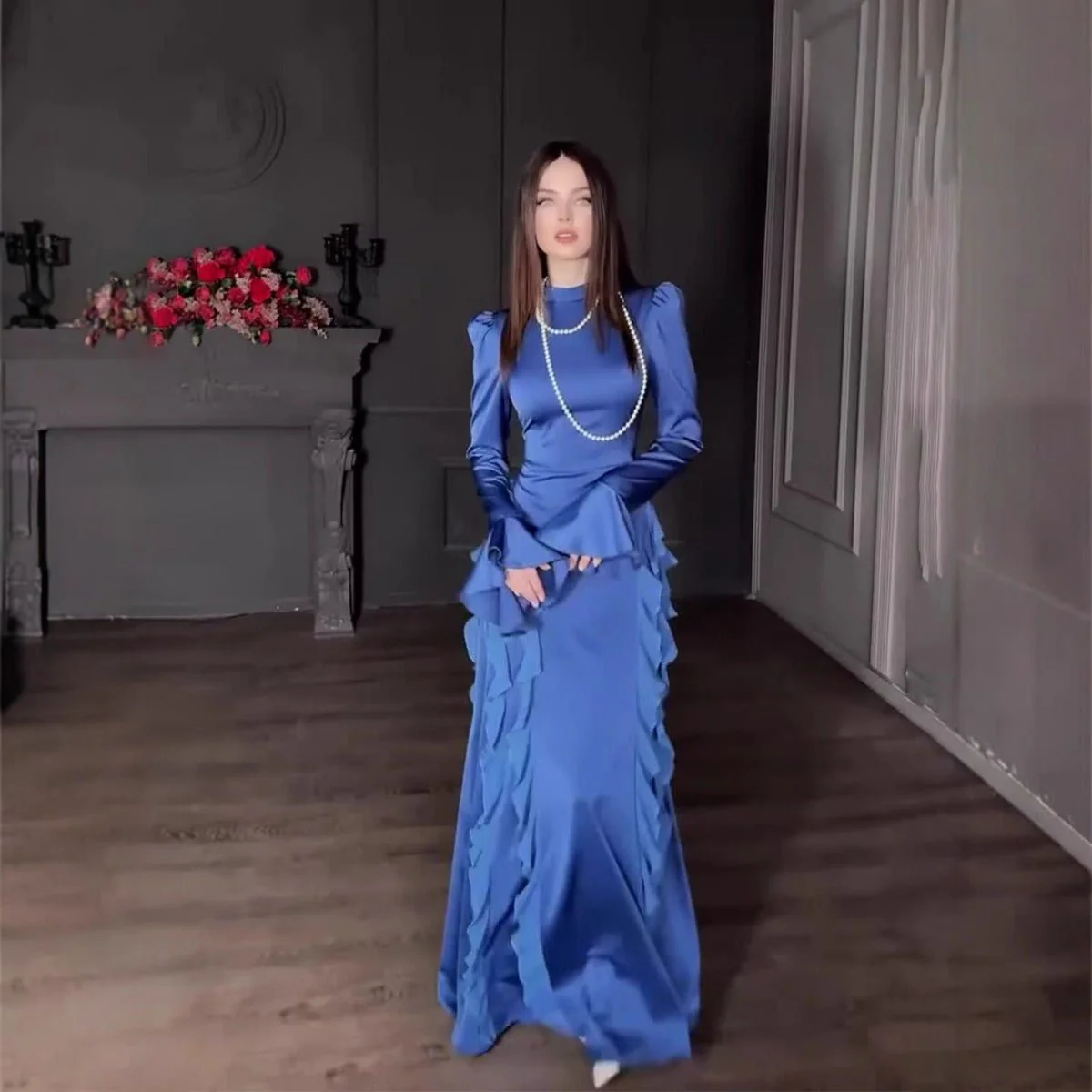 Regal Satin Court Dress Semi-Turtleneck Chiffon Lace-Up Maxi with Bell Sleeves & Tiered Ruffles (MA235) - Image 3
