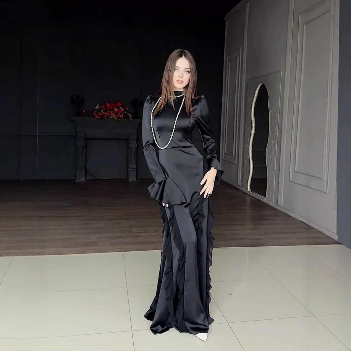 Regal Satin Court Dress Semi-Turtleneck Chiffon Lace-Up Maxi with Bell Sleeves & Tiered Ruffles (MA235) - Image 4