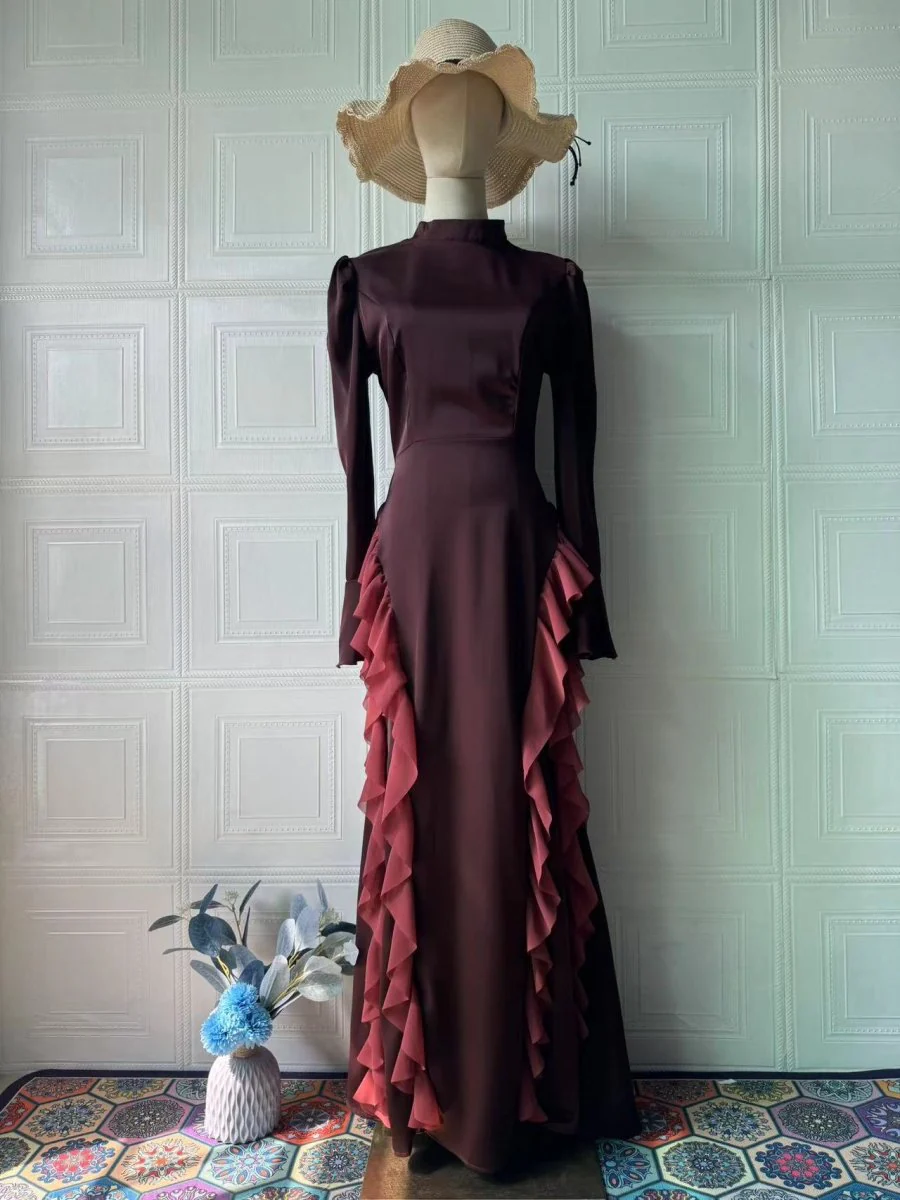Regal Satin Court Dress Semi-Turtleneck Chiffon Lace-Up Maxi with Bell Sleeves & Tiered Ruffles (MA235) - Image 5