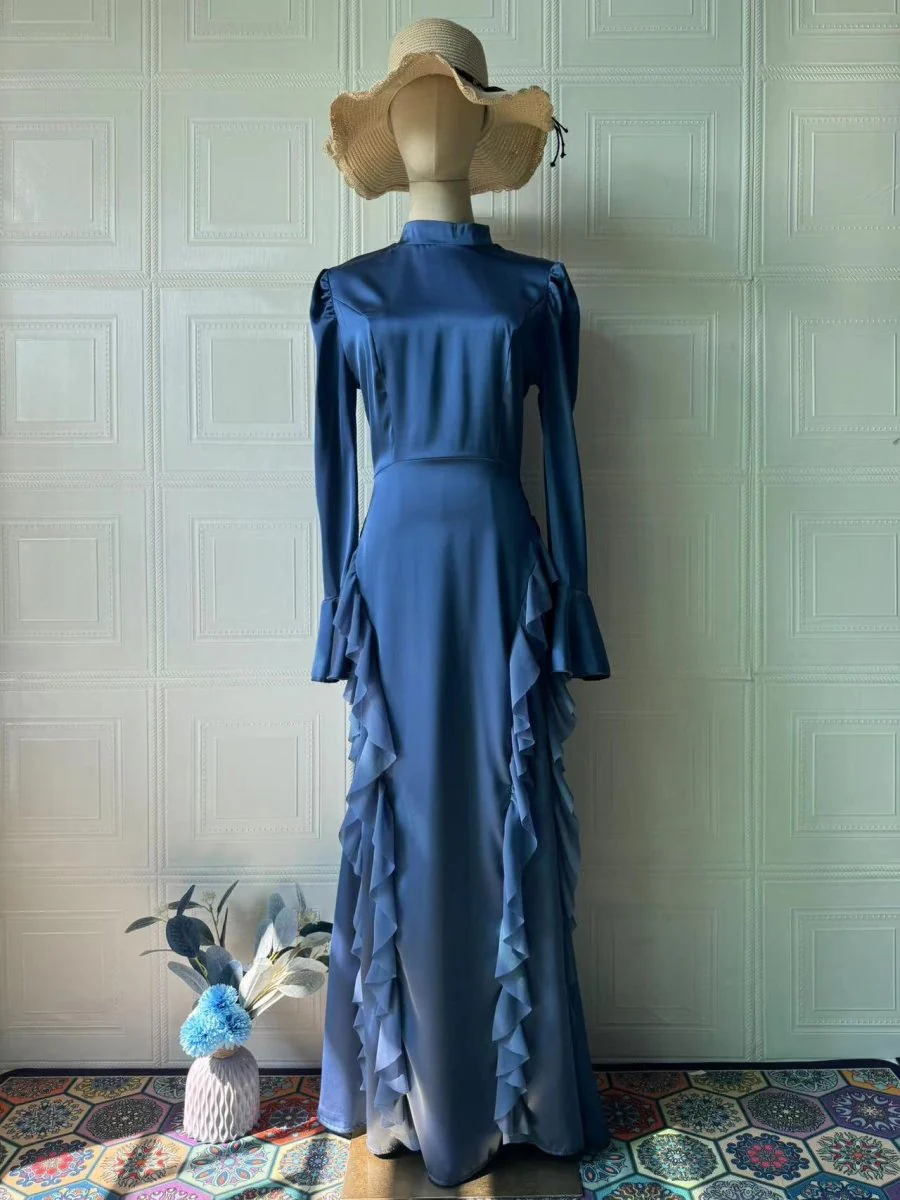Regal Satin Court Dress Semi-Turtleneck Chiffon Lace-Up Maxi with Bell Sleeves & Tiered Ruffles (MA235) - Image 6