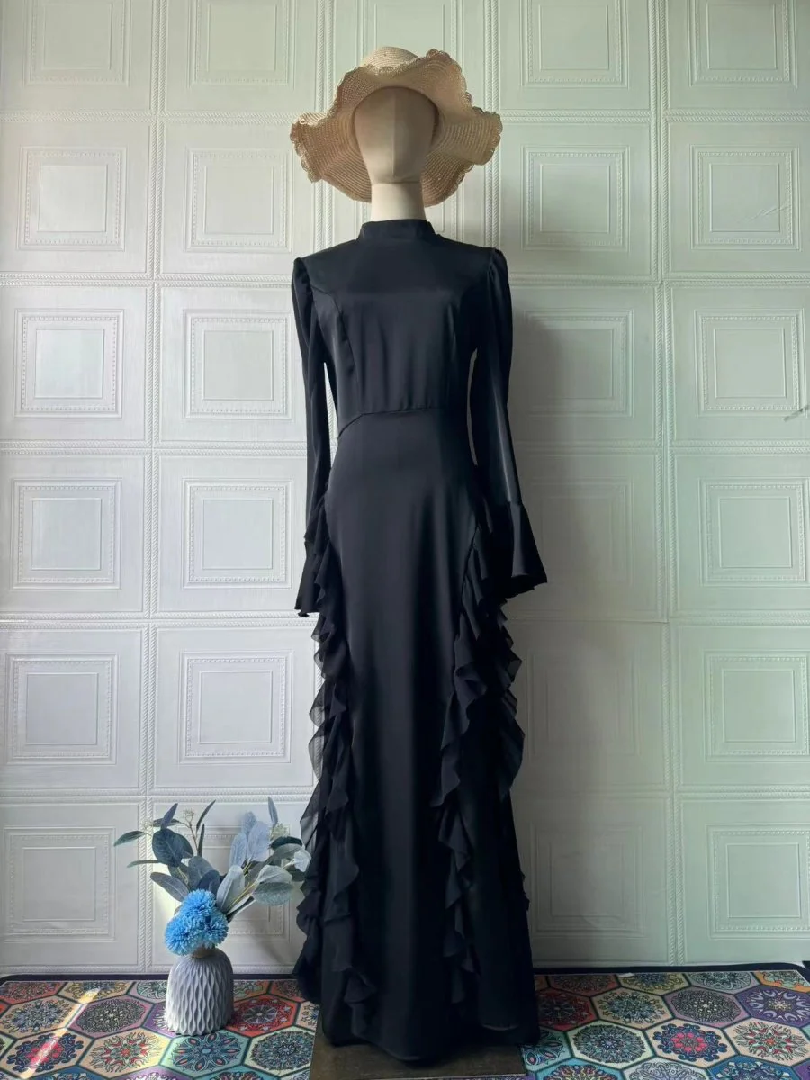 Regal Satin Court Dress Semi-Turtleneck Chiffon Lace-Up Maxi with Bell Sleeves & Tiered Ruffles (MA235) - Image 7