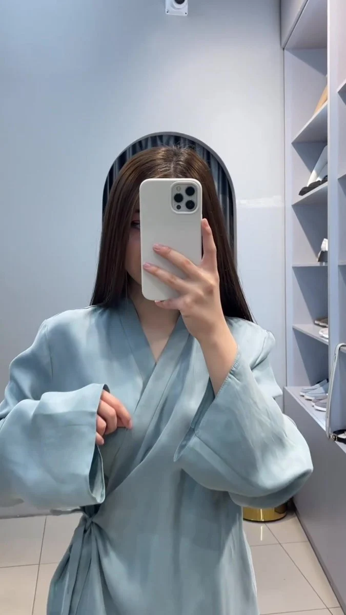 Relaxed Kimono Sleeve Sky Blue Glazed Forged Waist Pajama-Style Abaya Dress Set(MA209) - Image 10