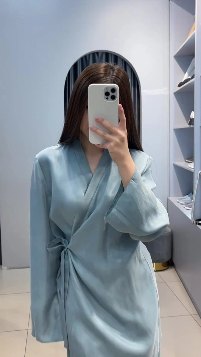 Relaxed Kimono Sleeve Sky Blue Glazed Forged Waist Pajama-Style Abaya Dress Set(MA209) - Image 11
