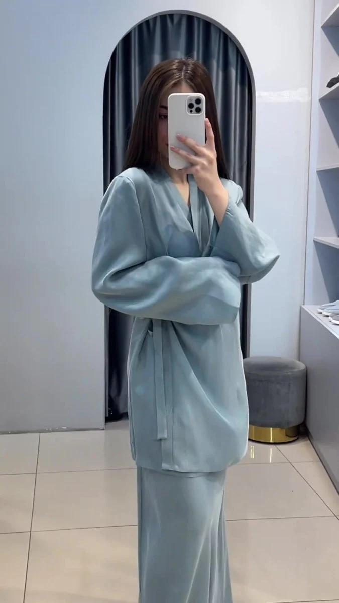 Relaxed Kimono Sleeve Sky Blue Glazed Forged Waist Pajama-Style Abaya Dress Set(MA209) - Image 13