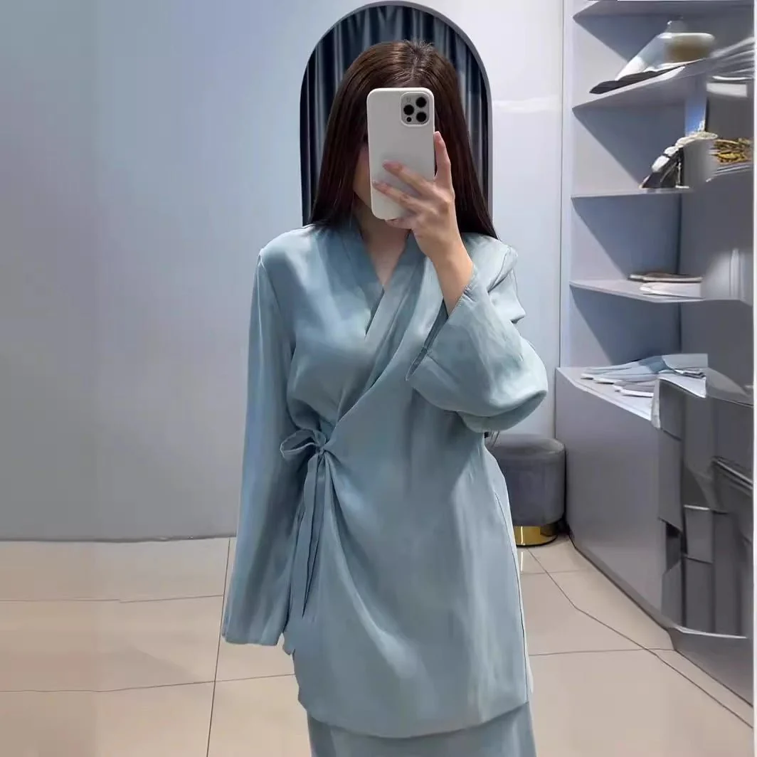 Relaxed Kimono Sleeve Sky Blue Glazed Forged Waist Pajama-Style Abaya Dress Set(MA209) - Image 3