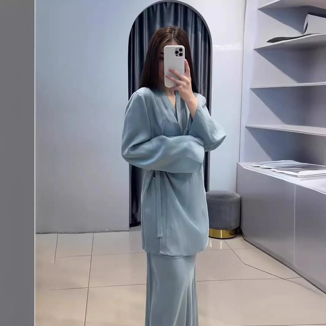 Relaxed Kimono Sleeve Sky Blue Glazed Forged Waist Pajama-Style Abaya Dress Set(MA209) - Image 4