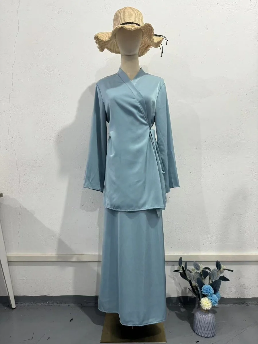 Relaxed Kimono Sleeve Sky Blue Glazed Forged Waist Pajama-Style Abaya Dress Set(MA209) - Image 5