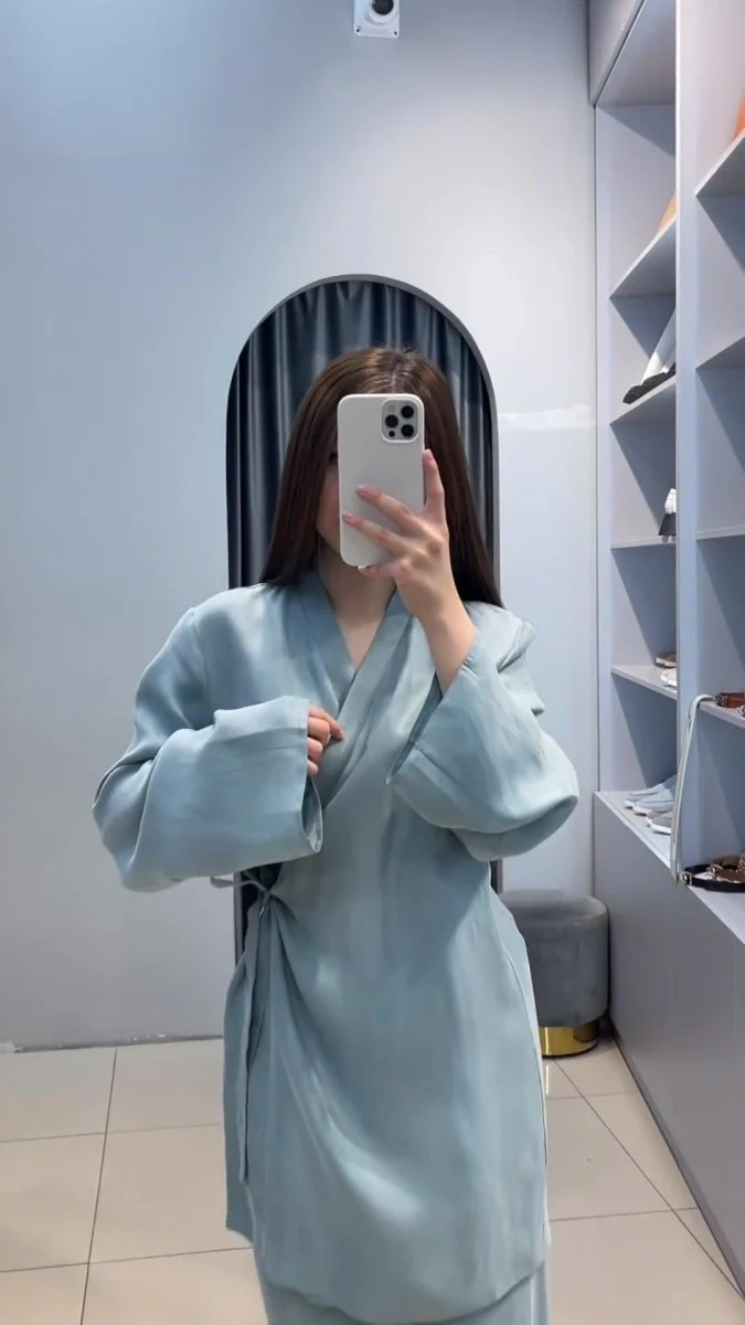 Relaxed Kimono Sleeve Sky Blue Glazed Forged Waist Pajama-Style Abaya Dress Set(MA209) - Image 9