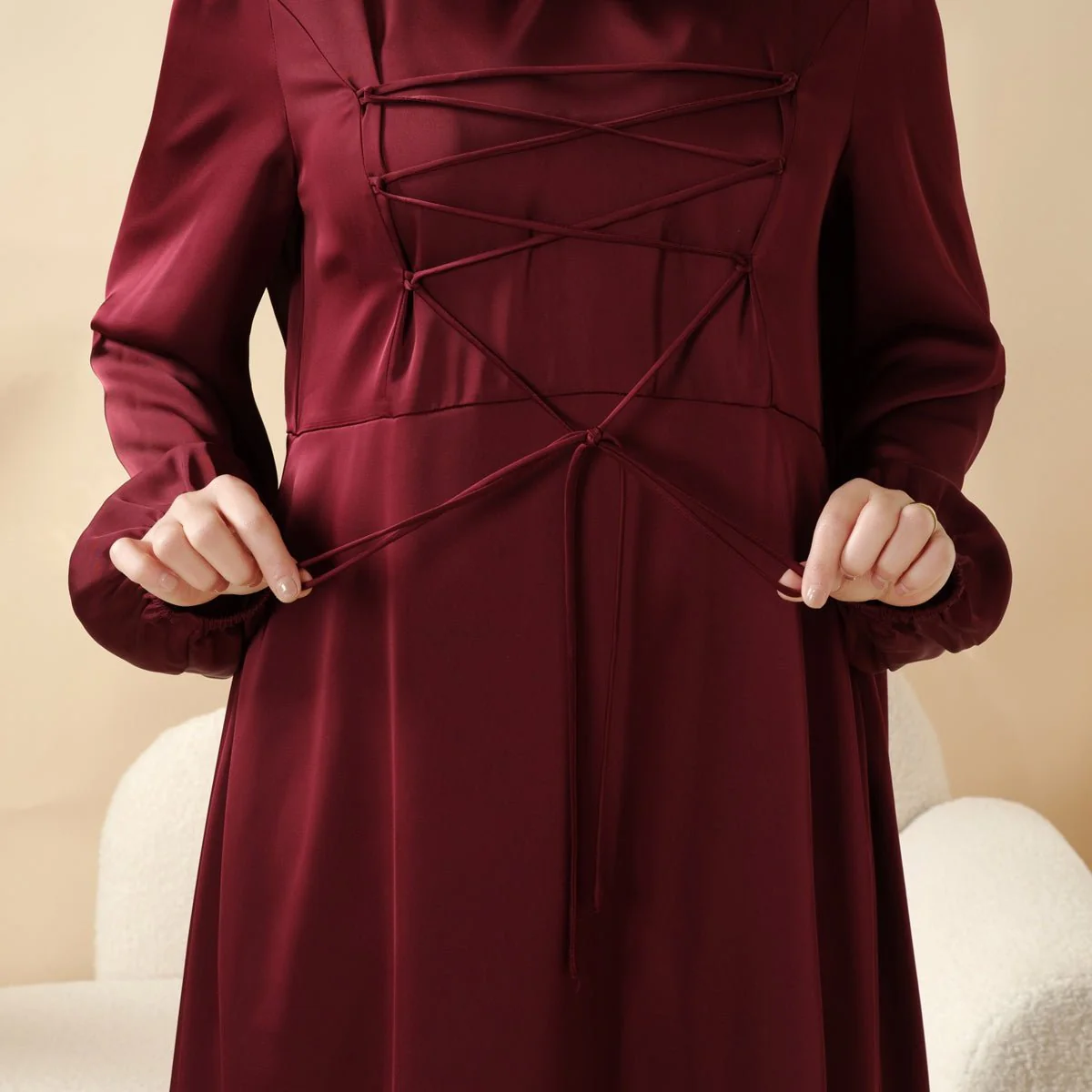 Removable Cross-Front Straps Design Premium Satin Dress Abaya (MA133) - Image 13