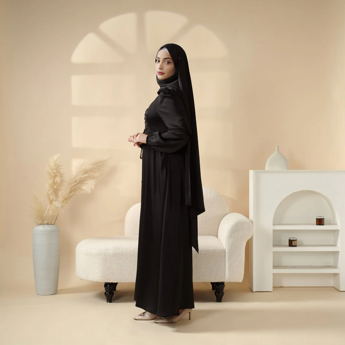 Removable Cross-Front Straps Design Premium Satin Dress Abaya (MA133) - Image 3