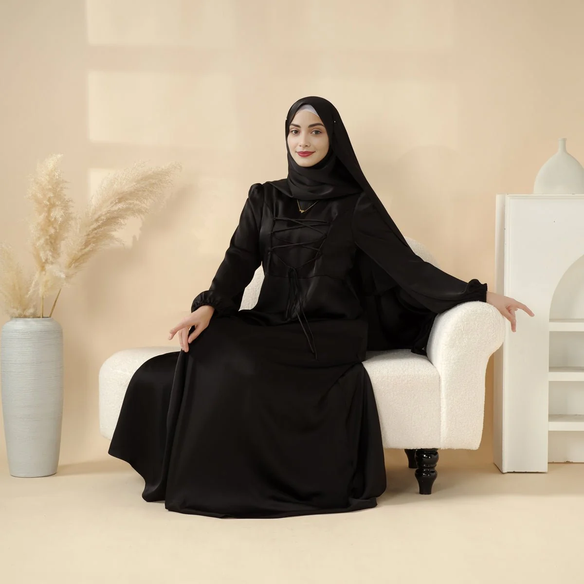Removable Cross-Front Straps Design Premium Satin Dress Abaya (MA133) - Image 5
