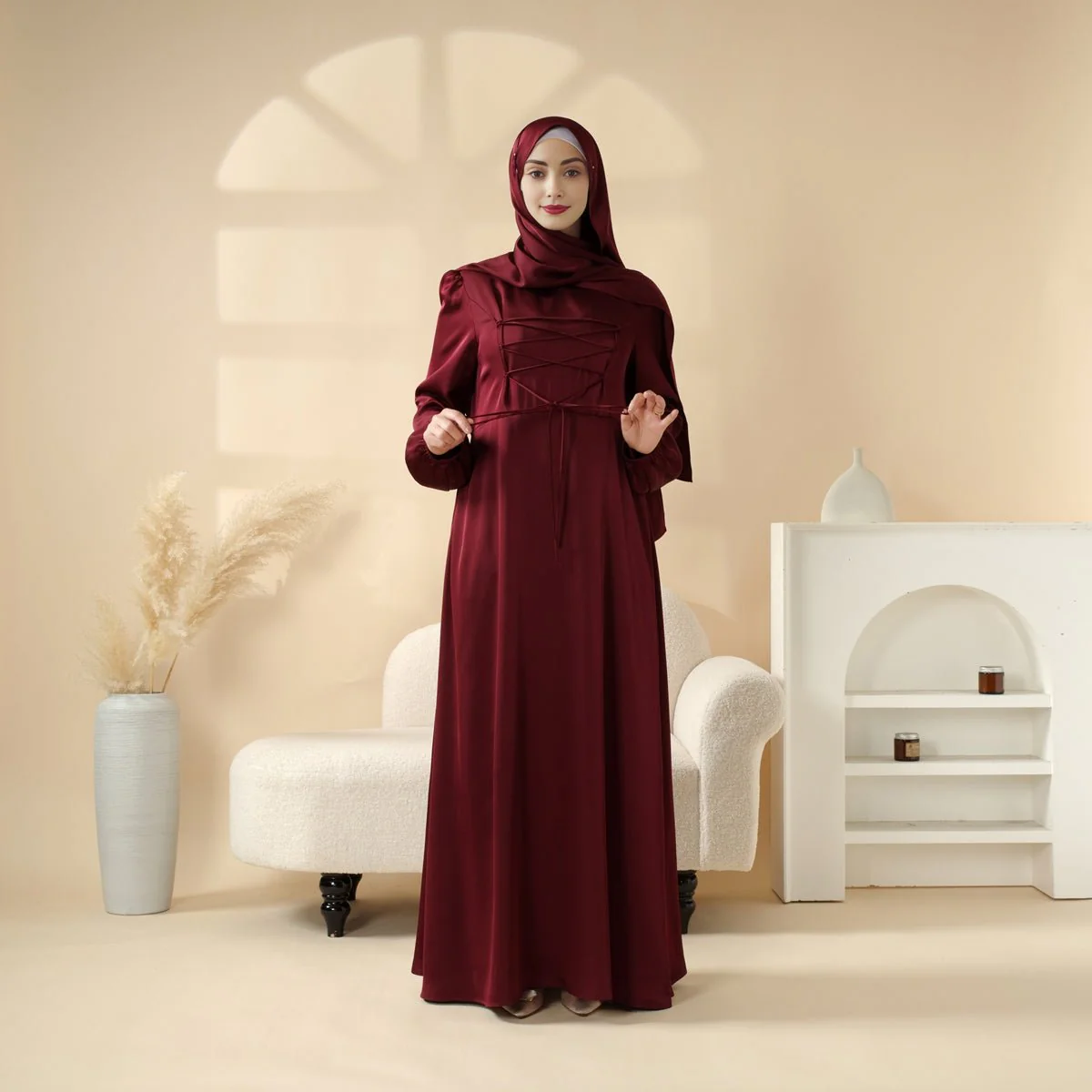 Removable Cross-Front Straps Design Premium Satin Dress Abaya (MA133) - Image 8