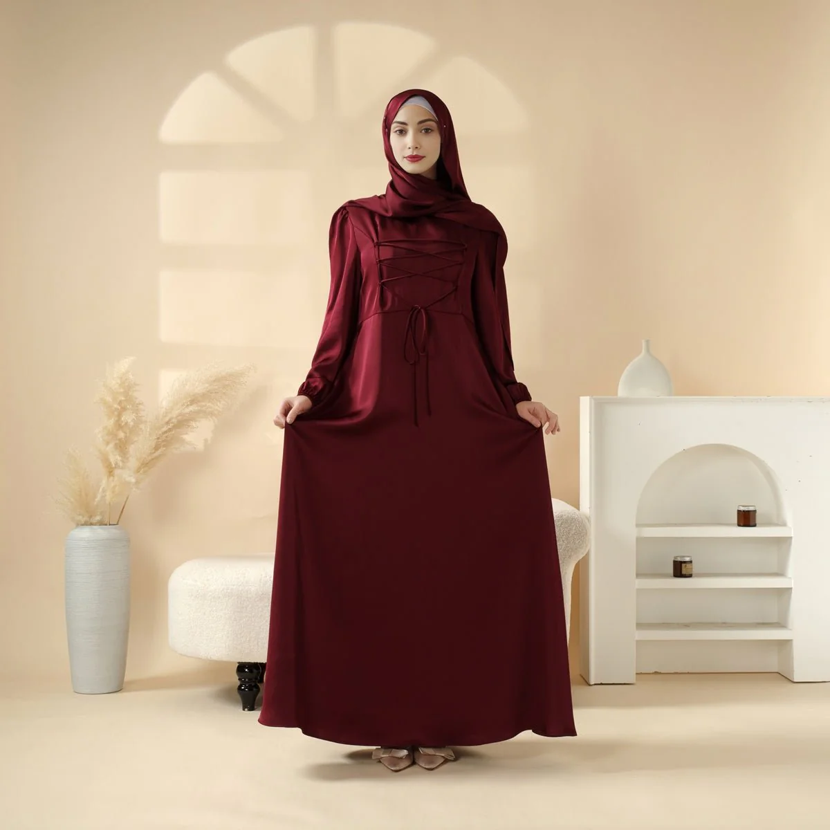 Removable Cross-Front Straps Design Premium Satin Dress Abaya (MA133) - Image 9