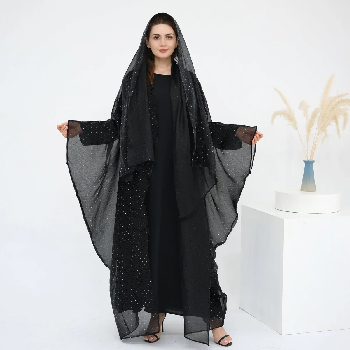 Rhinestone Ice Crinkle Batwing Sleeve Abaya Set(MOA237) - Image 32