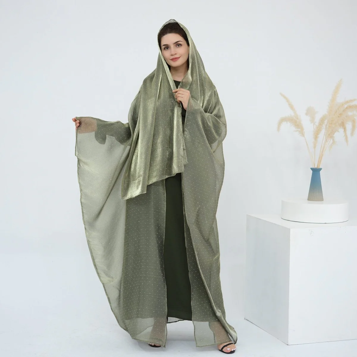 Rhinestone Ice Crinkle Batwing Sleeve Abaya Set(MOA237) - Image 33
