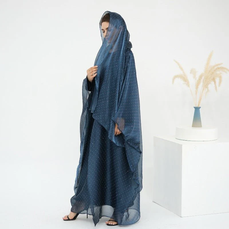 Rhinestone Ice Crinkle Batwing Sleeve Abaya Set(MOA237) - Image 6