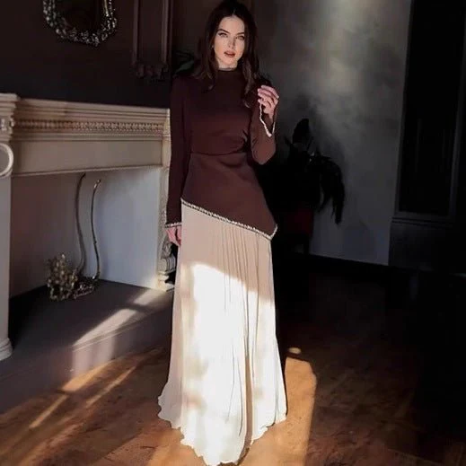 Rhinestone-Trimmed Top & Pleated Skirt Set(MS317) - Image 3