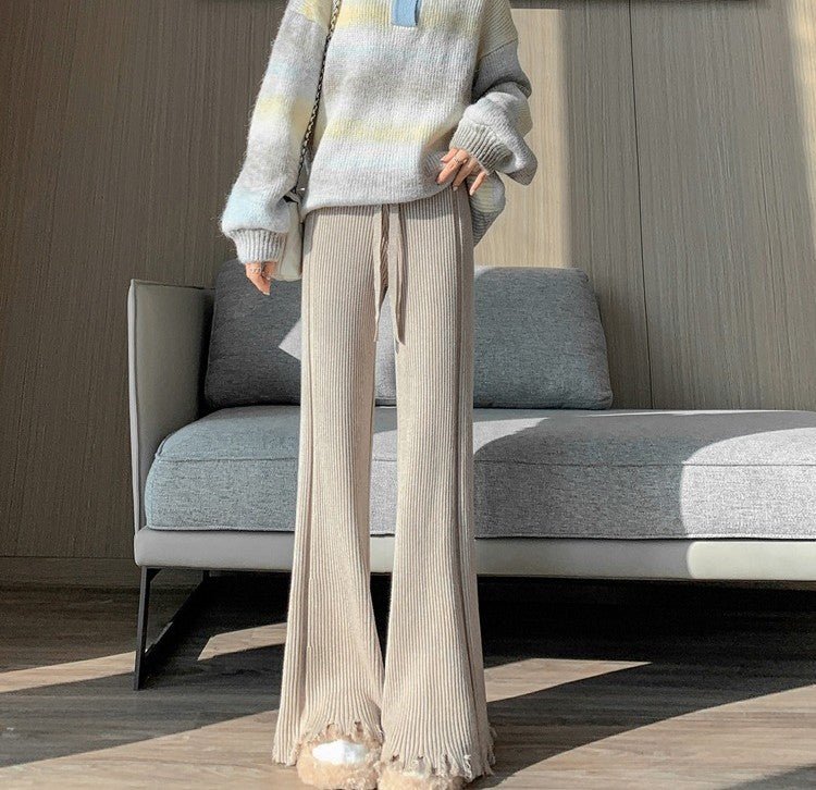 Ribbed Knit Frayed Wide Leg Pants | High Waist Drawstring Flare Pants(MS164) - Image 10