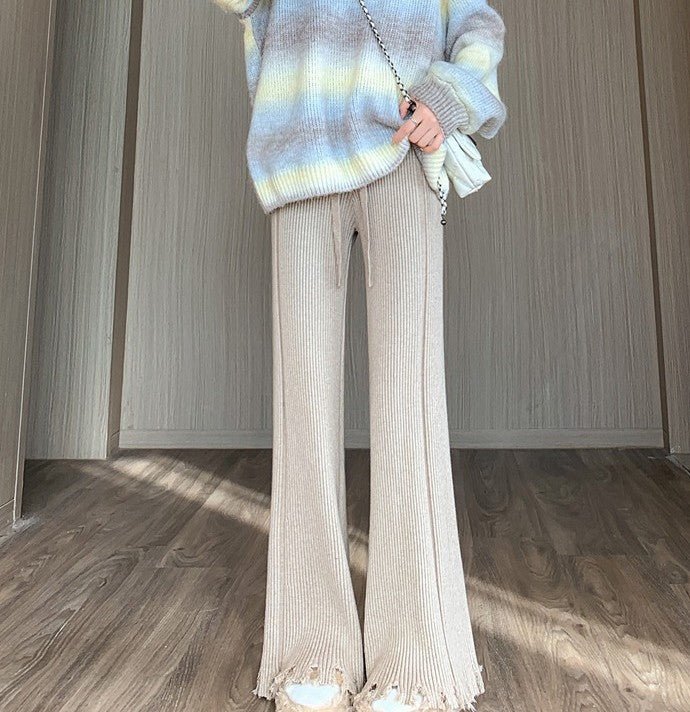 Ribbed Knit Frayed Wide Leg Pants | High Waist Drawstring Flare Pants(MS164) - Image 11