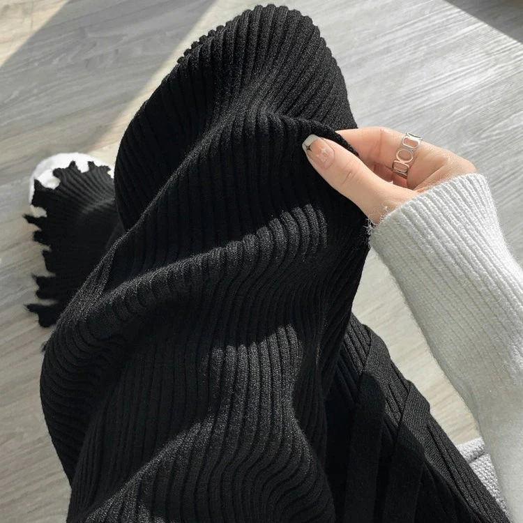 Ribbed Knit Frayed Wide Leg Pants | High Waist Drawstring Flare Pants(MS164) - Image 13