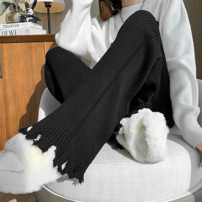 Ribbed Knit Frayed Wide Leg Pants | High Waist Drawstring Flare Pants(MS164) - Image 14