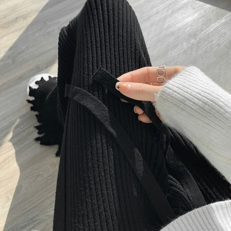 Ribbed Knit Frayed Wide Leg Pants | High Waist Drawstring Flare Pants(MS164) - Image 15