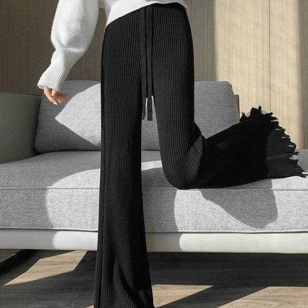 Ribbed Knit Frayed Wide Leg Pants | High Waist Drawstring Flare Pants(MS164) - Image 16