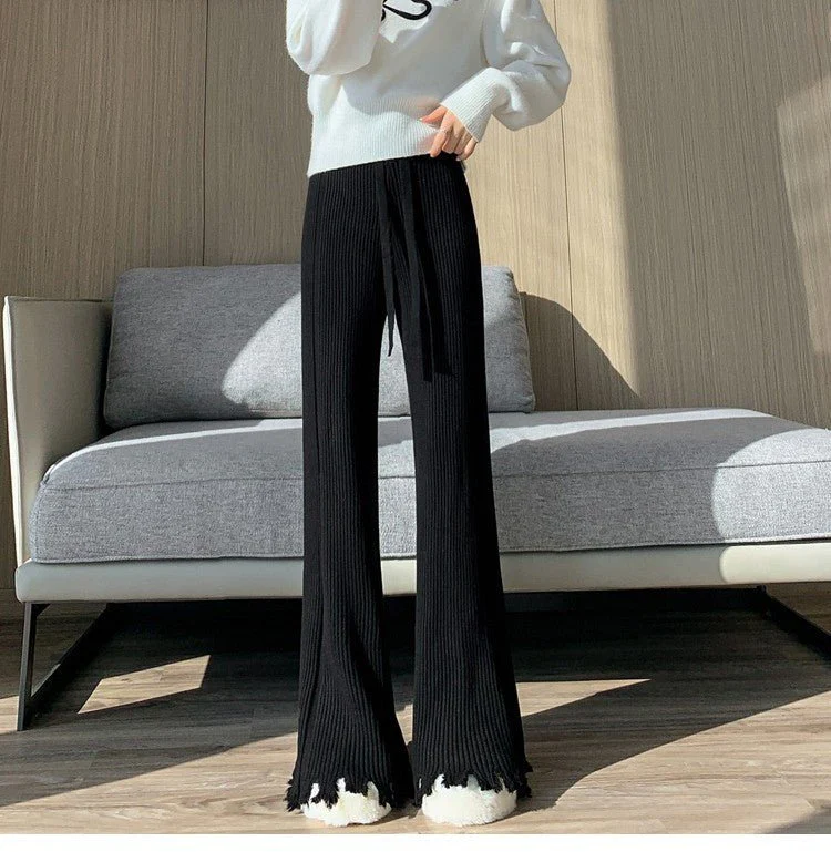 Ribbed Knit Frayed Wide Leg Pants | High Waist Drawstring Flare Pants(MS164) - Image 17