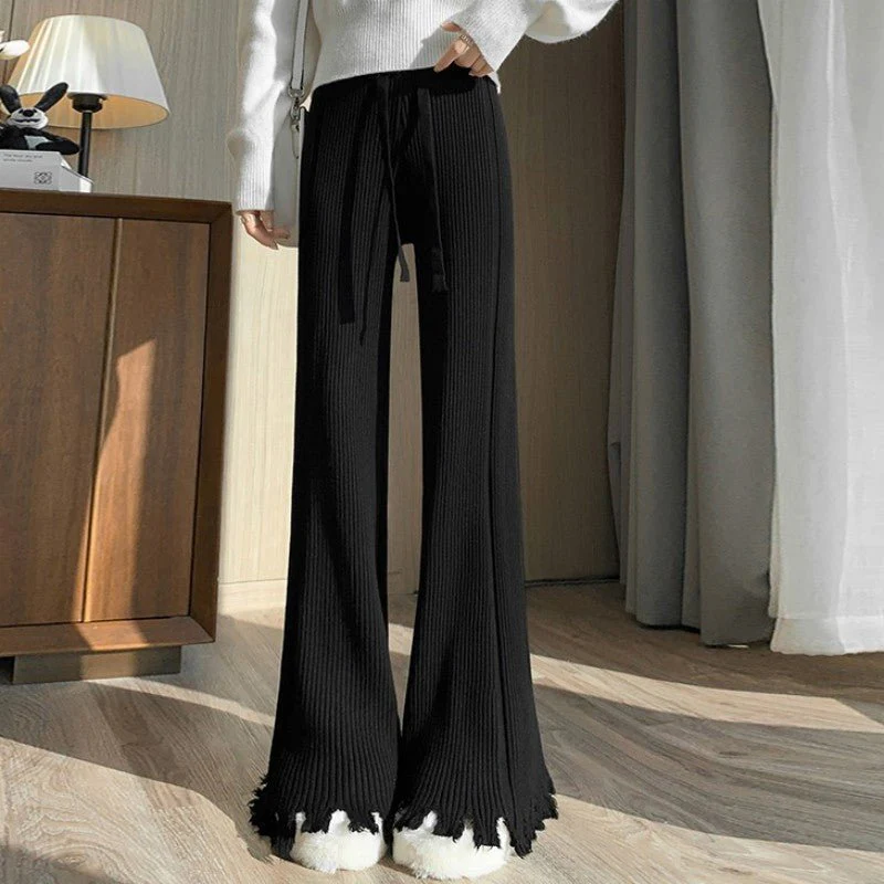 Ribbed Knit Frayed Wide Leg Pants | High Waist Drawstring Flare Pants(MS164) - Image 18