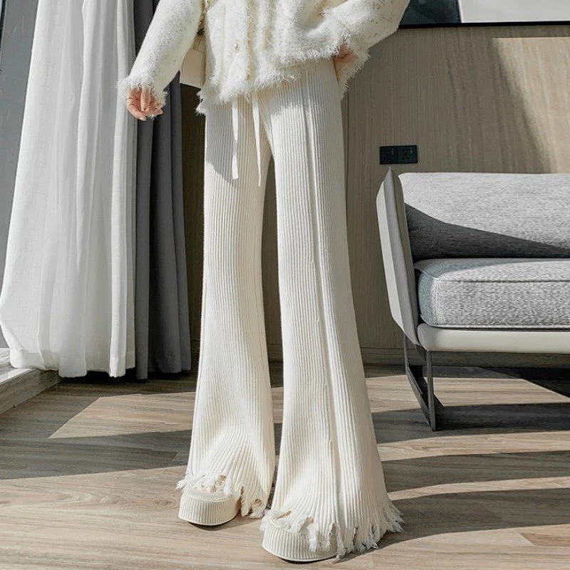 Ribbed Knit Frayed Wide Leg Pants | High Waist Drawstring Flare Pants(MS164) - Image 19