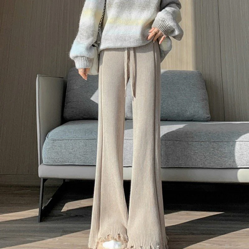Ribbed Knit Frayed Wide Leg Pants | High Waist Drawstring Flare Pants(MS164) - Image 20