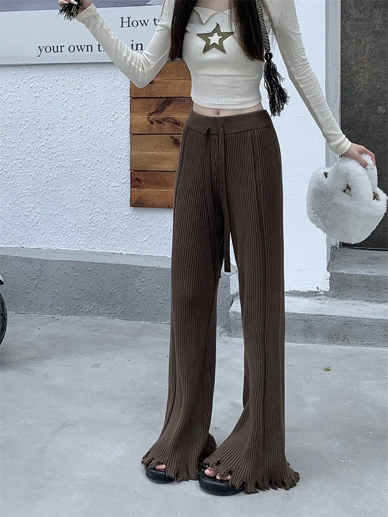 Ribbed Knit Frayed Wide Leg Pants | High Waist Drawstring Flare Pants(MS164) - Image 21