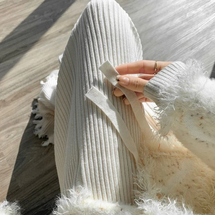 Ribbed Knit Frayed Wide Leg Pants | High Waist Drawstring Flare Pants(MS164) - Image 5