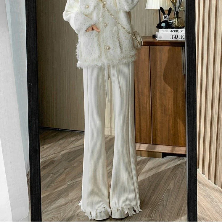 Ribbed Knit Frayed Wide Leg Pants | High Waist Drawstring Flare Pants(MS164) - Image 6