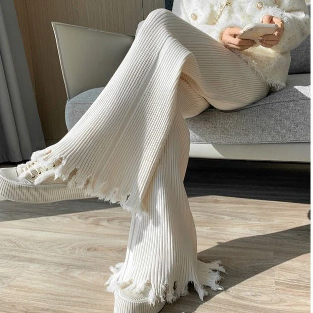 Ribbed Knit Frayed Wide Leg Pants | High Waist Drawstring Flare Pants(MS164) - Image 7