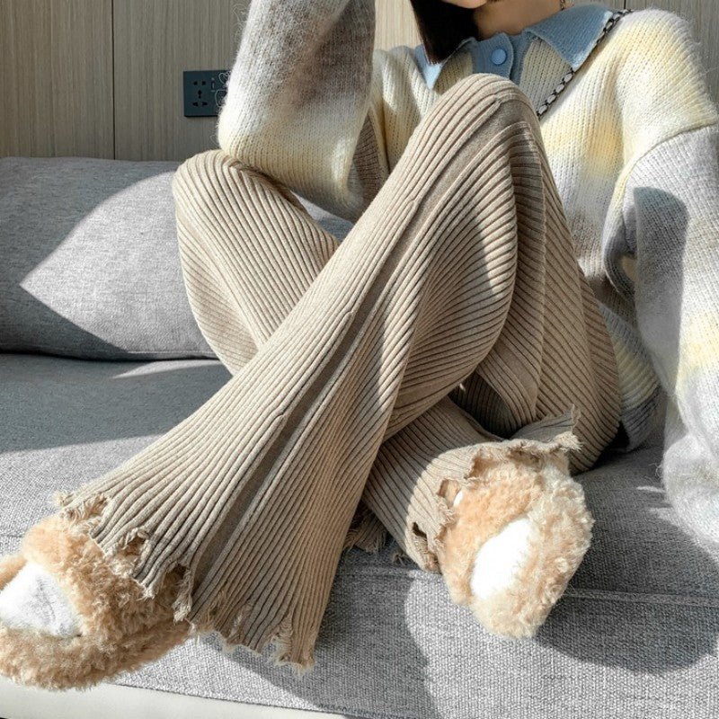 Ribbed Knit Frayed Wide Leg Pants | High Waist Drawstring Flare Pants(MS164) - Image 8