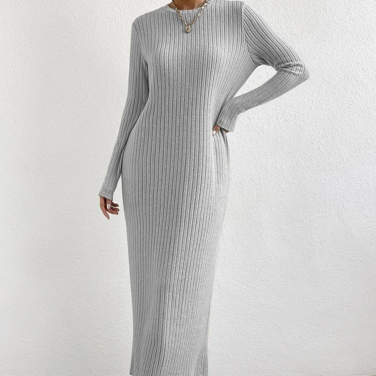 Ribbed Knit Maxi Dress | Long Sleeve Casual Sweater Dress(MS226) - Image 3