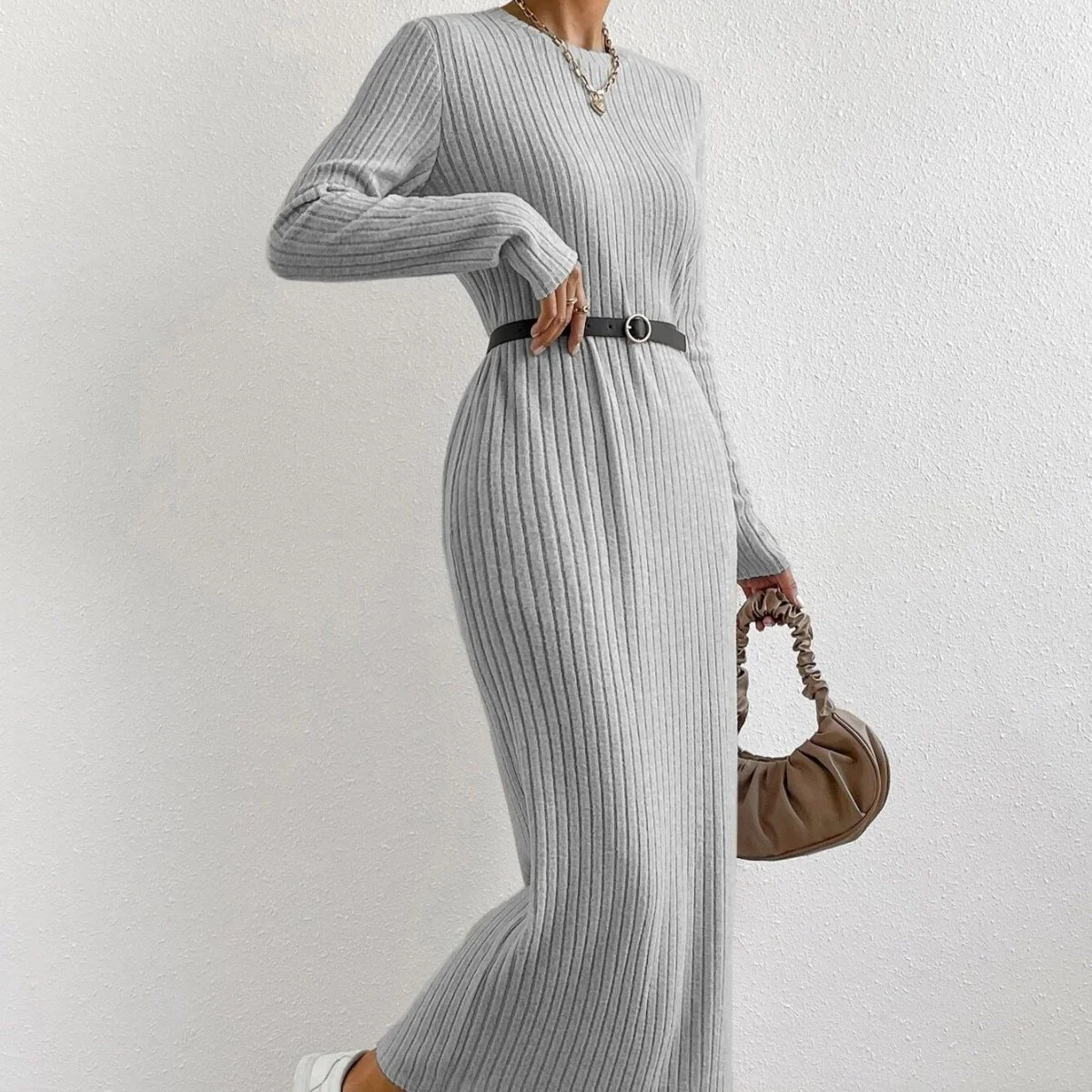 Ribbed Knit Maxi Dress | Long Sleeve Casual Sweater Dress(MS226) - Image 4