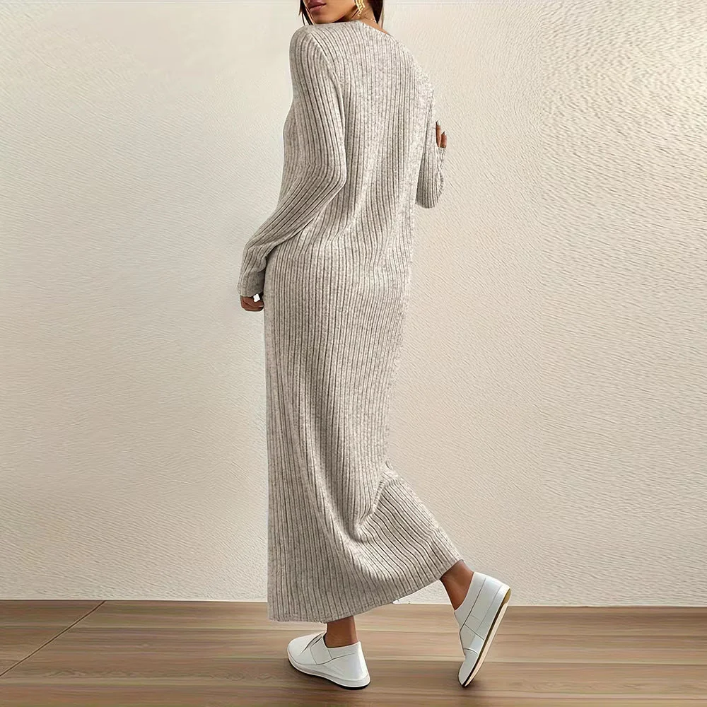 Ribbed Knit Maxi Dress | Long Sleeve Casual Sweater Dress(MS226) - Image 8