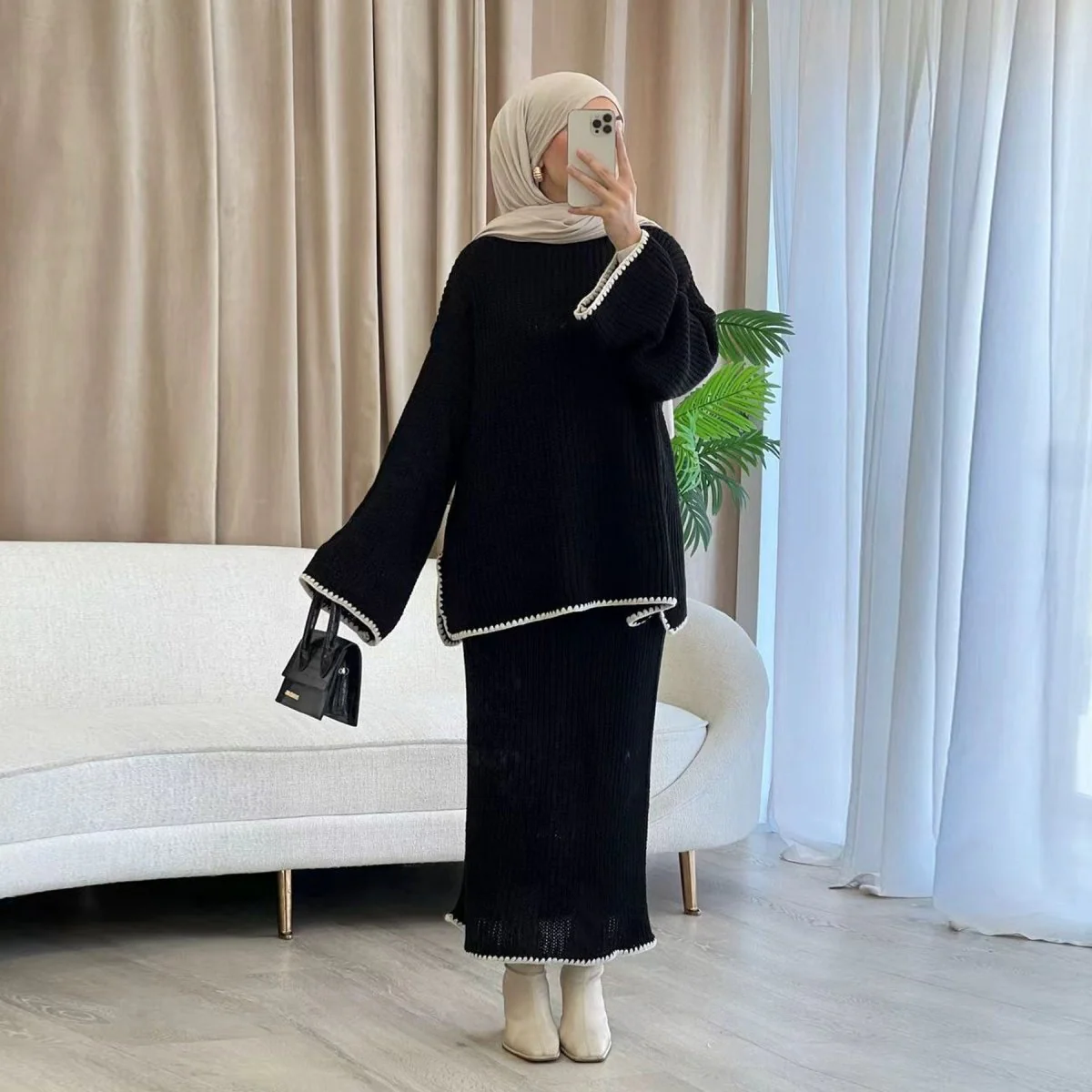 Ribbed Knit Sweater & Skirt Set with Contrast Trim (MS301) - Image 13