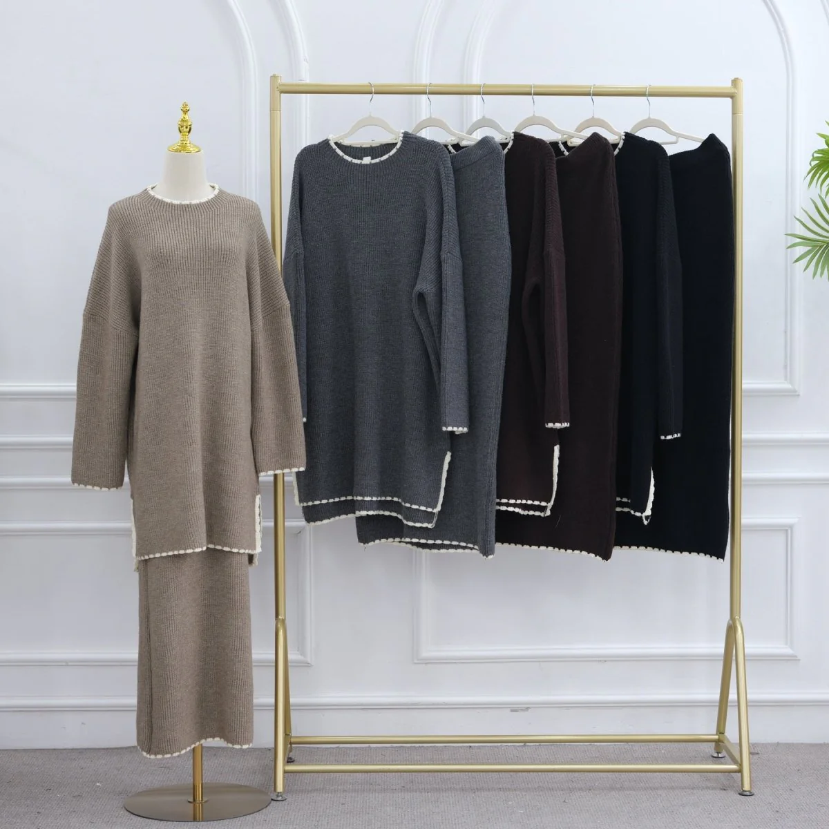 Ribbed Knit Sweater & Skirt Set with Contrast Trim (MS301) - Image 7