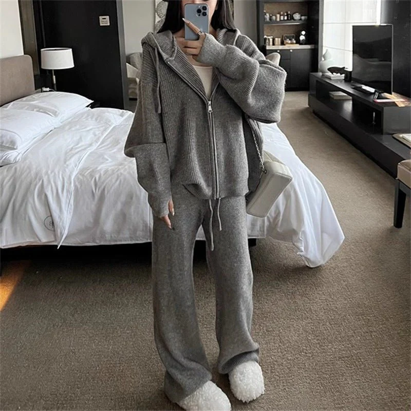 Ribbed Knit Zip-Up Hoodie Autumn Two-Piece Loungewear(MS162) - Image 11